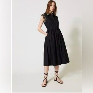 Twinset Long poplin shirt dress with two-tone lace. Black & tan. MIDI. Size 40